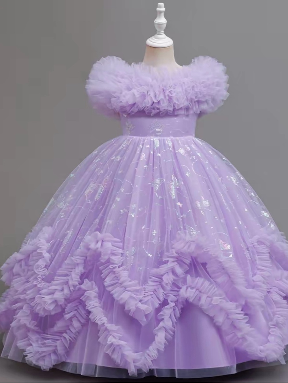 Lavender Ruffled Tulle Ball Gown Dress